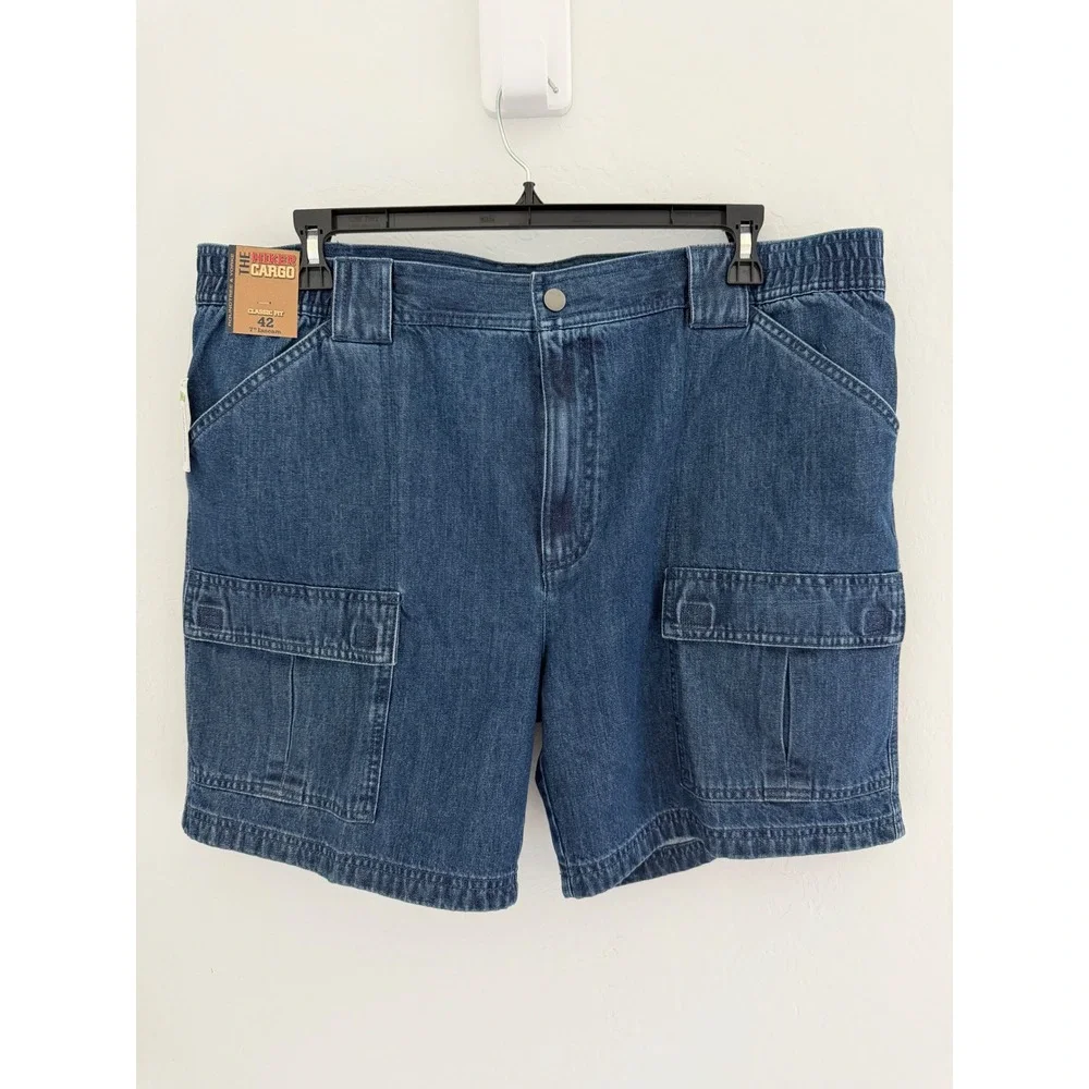 The Hiker Cargo Denim Cotton Blue New Classic Fit Elastic Waist Shorts 42x7